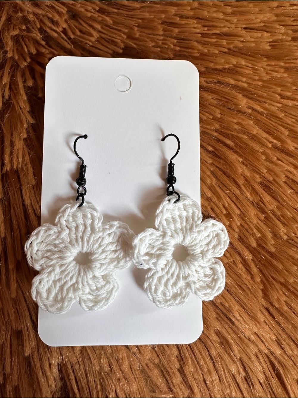 Handmade White Crochet Flower Drop Earrings